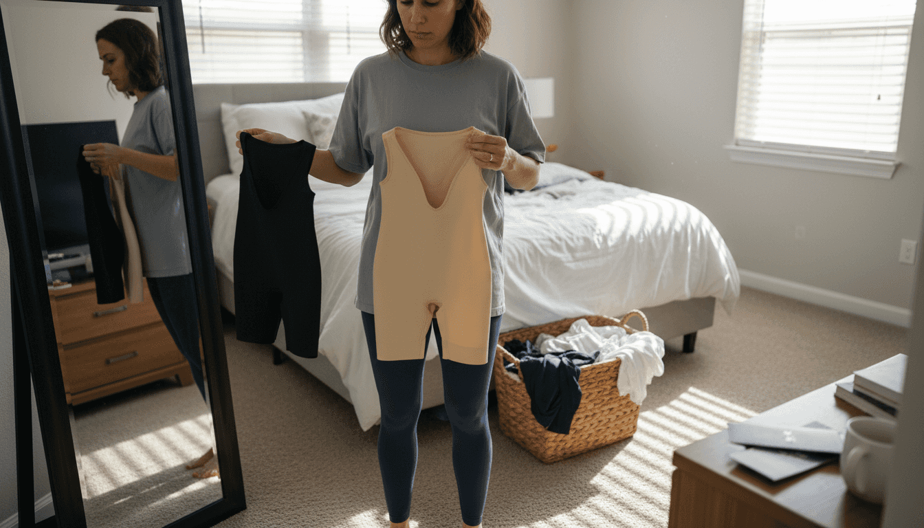 Woman considering shapewear in natural home setting