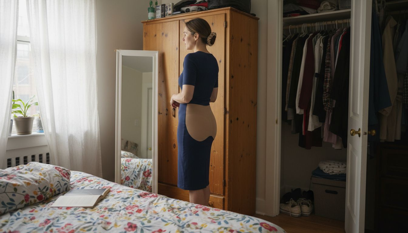 Woman checks for visible shapewear lines