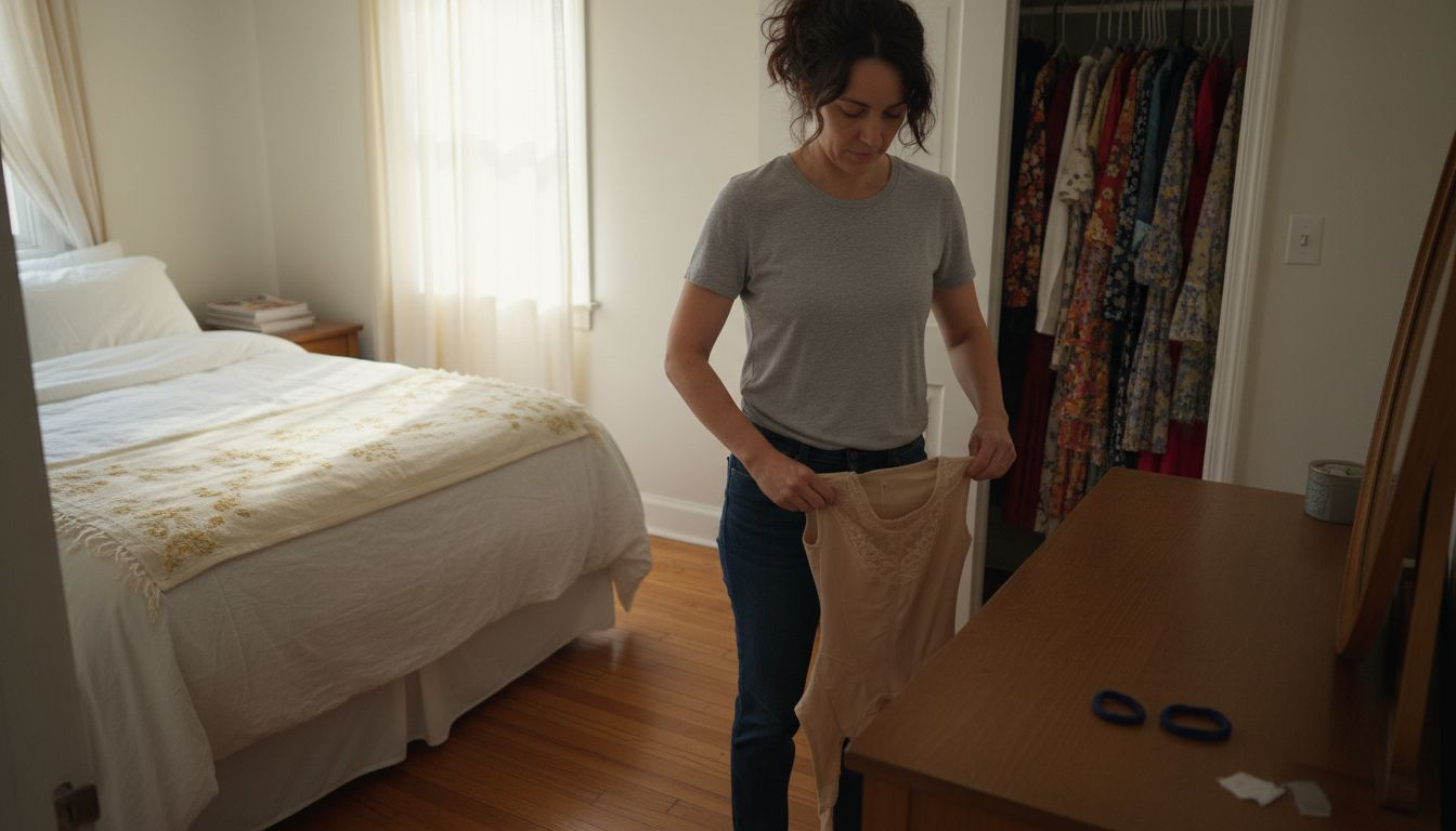 Woman putting on full-body shaper at home