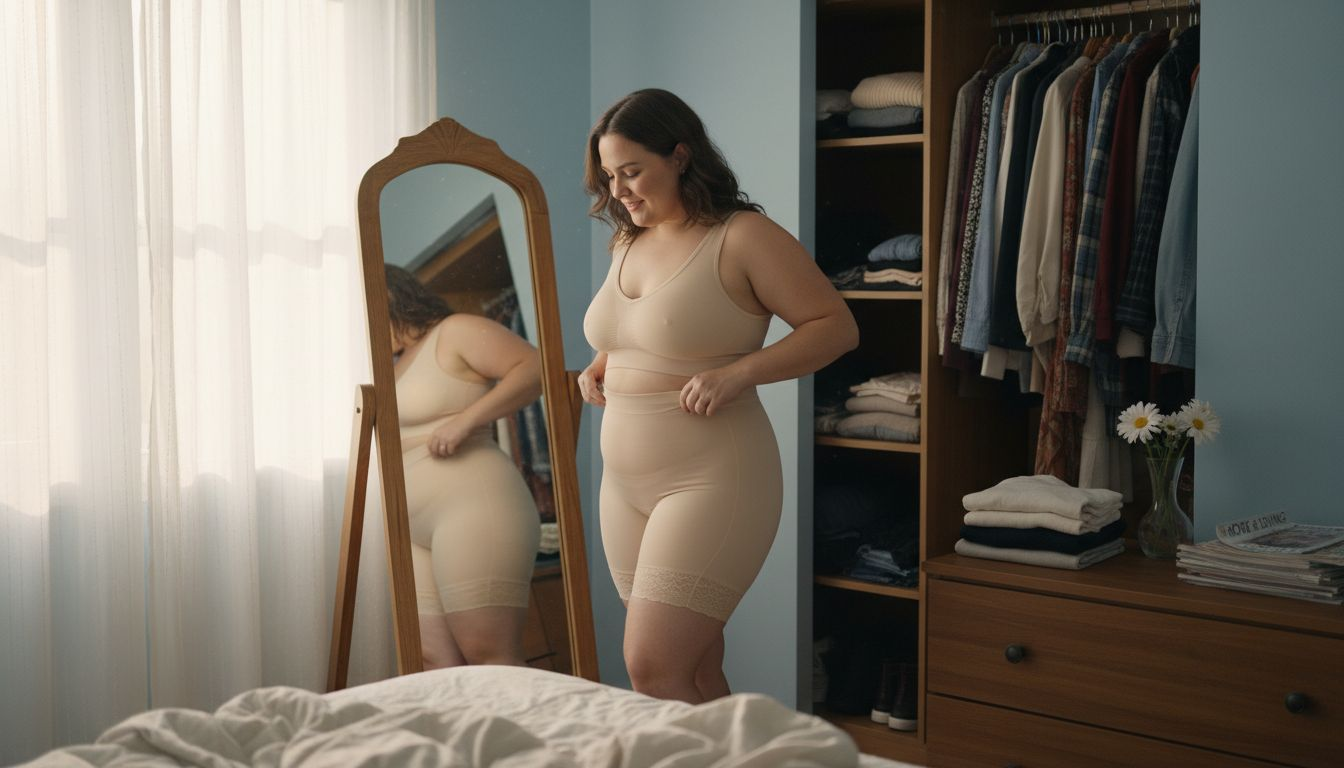 Plus size woman fitting shapewear in bedroom