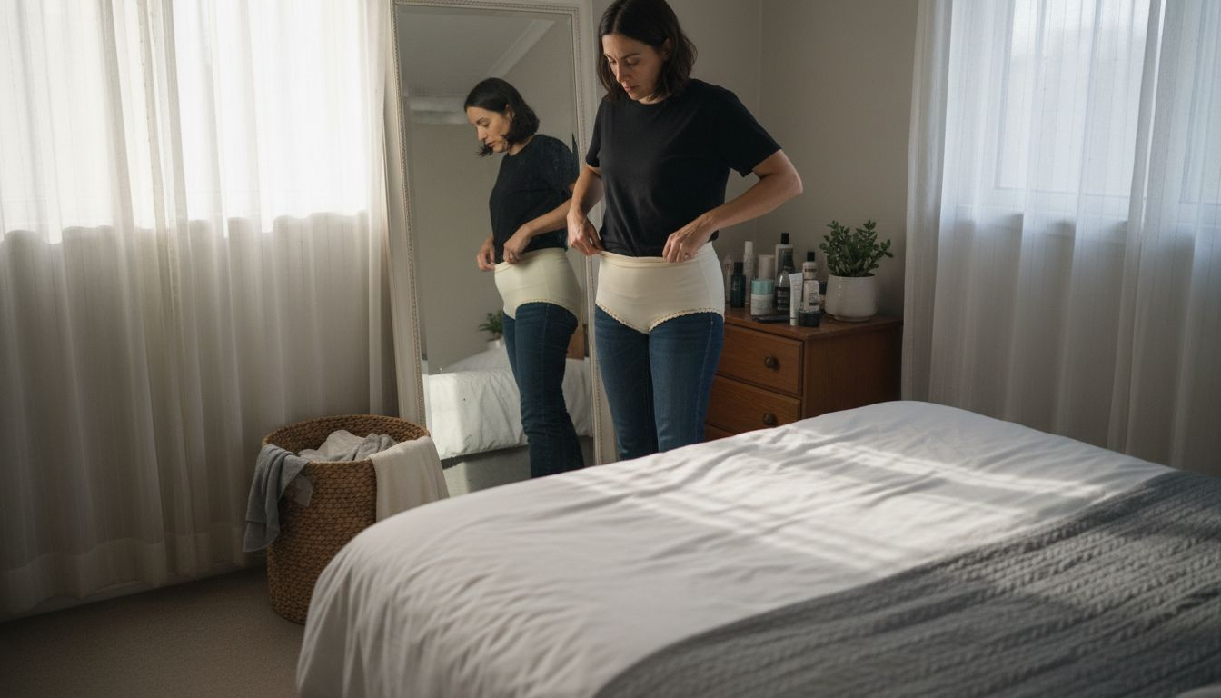 Woman adjusting seamless shapewear in bedroom