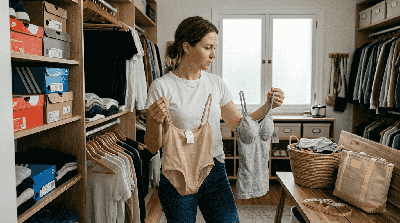 Woman comparing shapewear material in closet