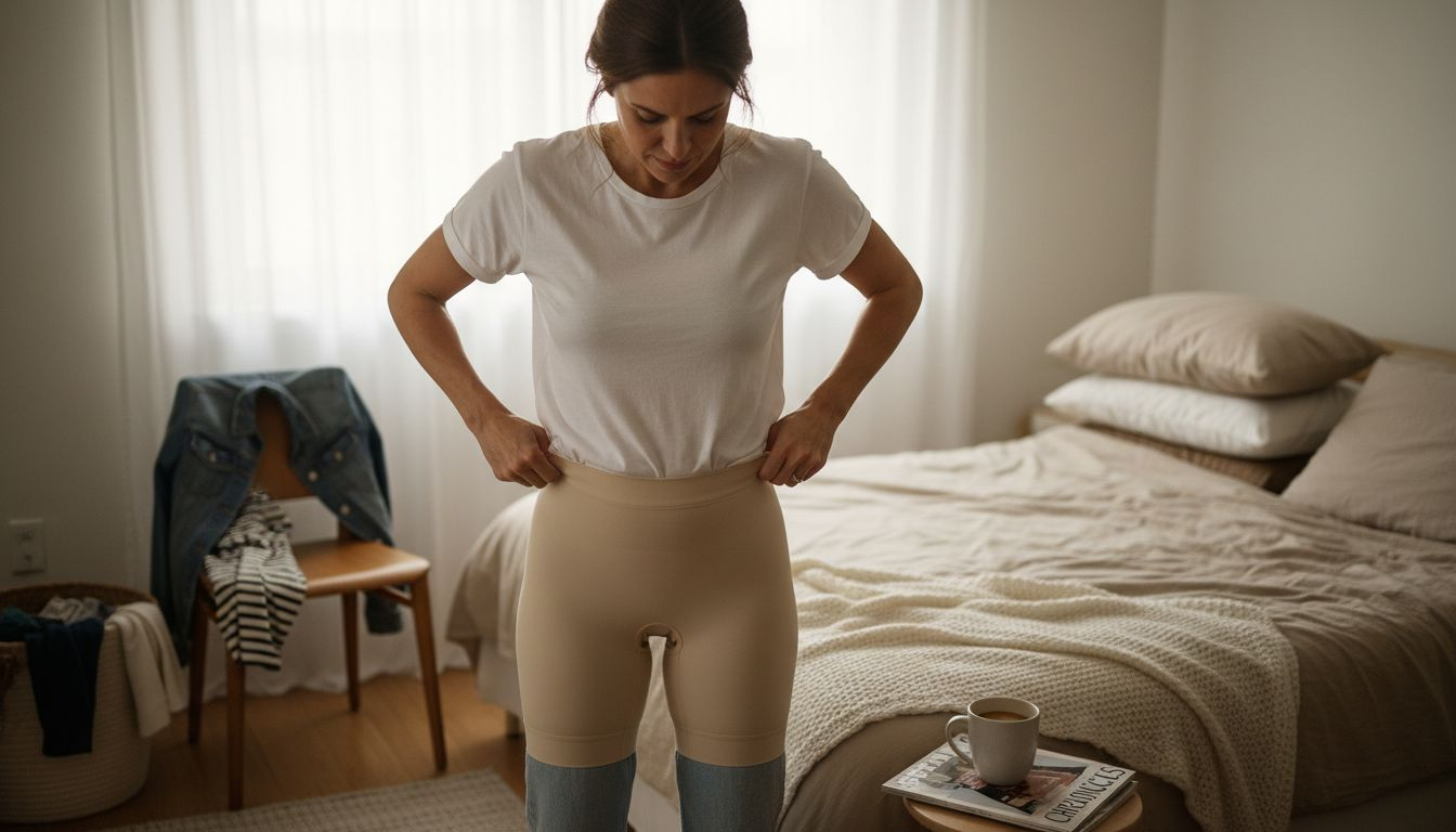 Woman wearing shapewear in everyday bedroom