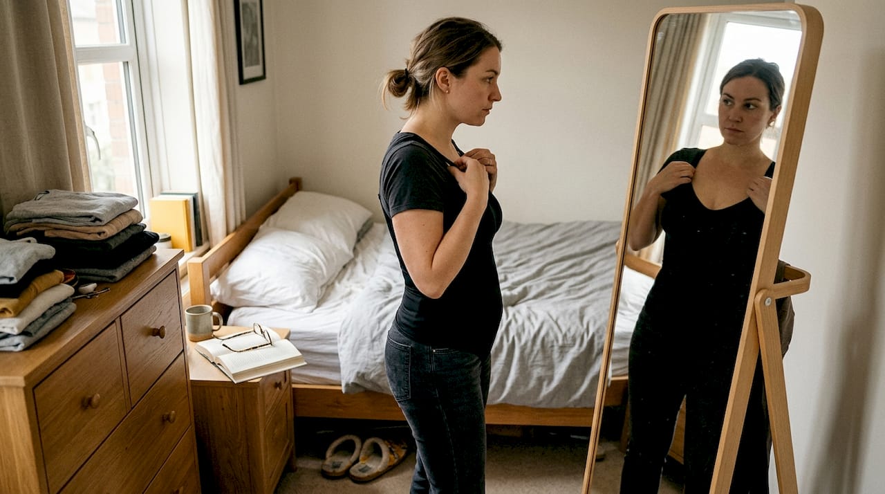 Woman checks shapewear fit in bedroom