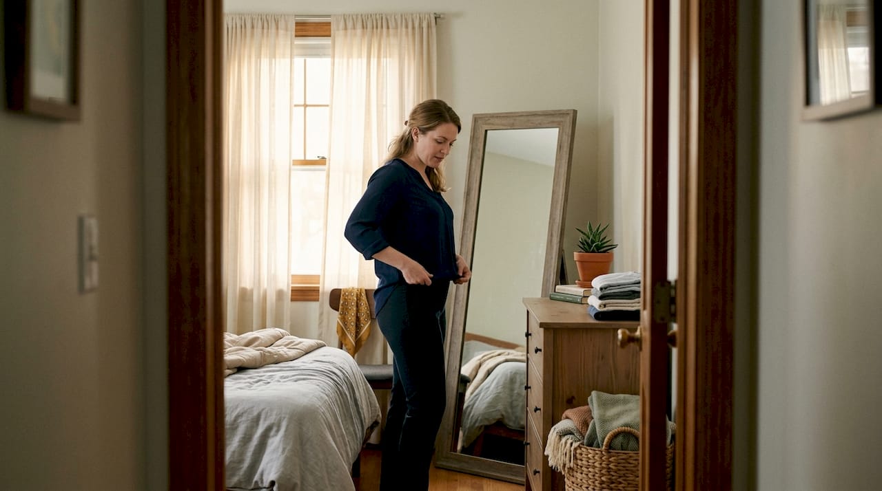 Woman checking outfit in bedroom mirror