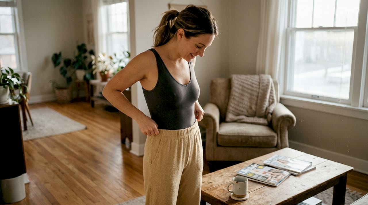 Woman adjusting seamless shapewear in living room