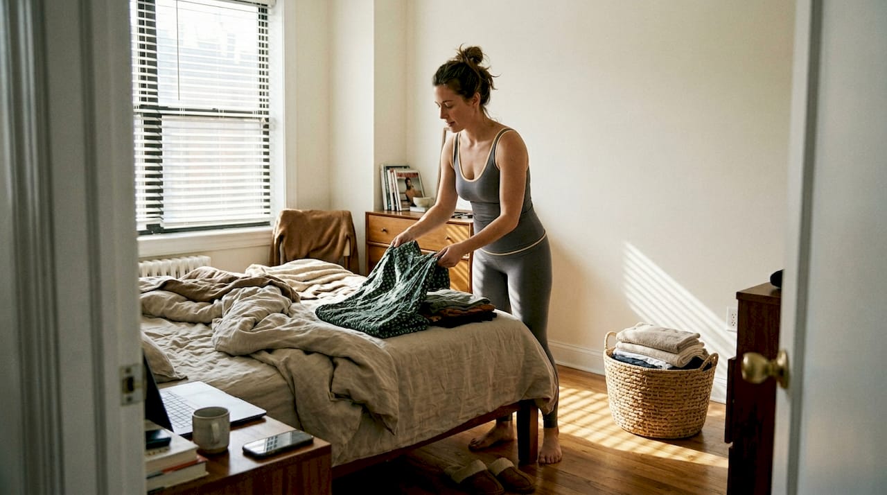 Woman in shapewear folding clothes, sunny bedroom