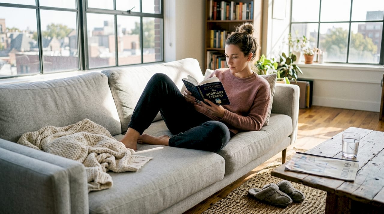 Woman relaxing comfortably in home setting