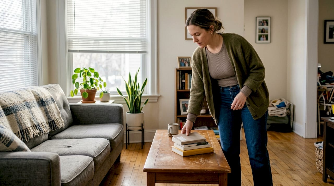 Woman tidying up in body sculpting bodysuit