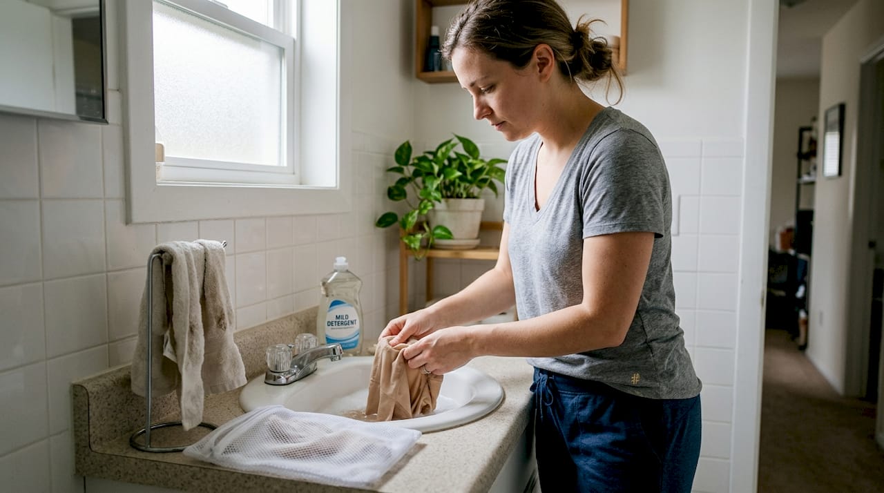 Woman hand washing shapewear in bathroom sink
