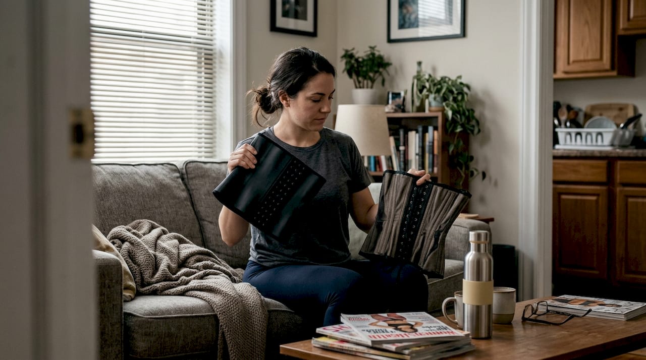 Woman comparing waist trainer and corset at home