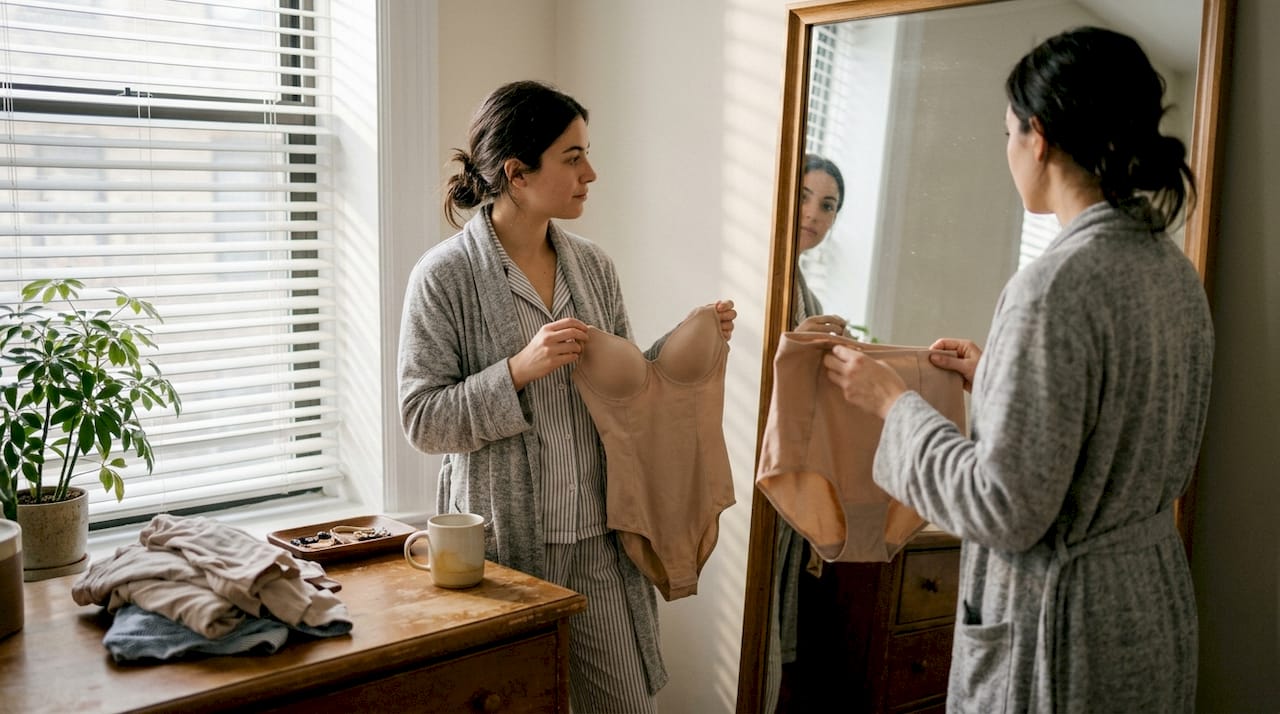 Woman comparing shapewear in bedroom mirror