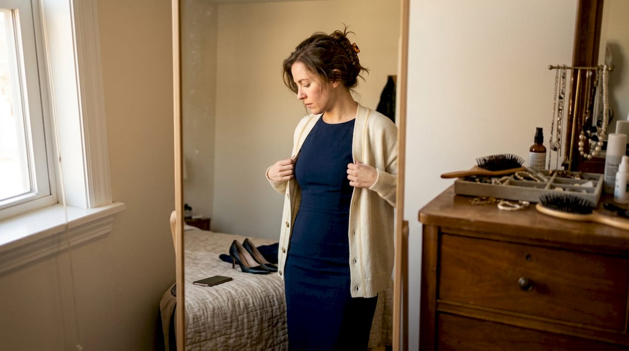 Woman checking fit of dress and shapewear