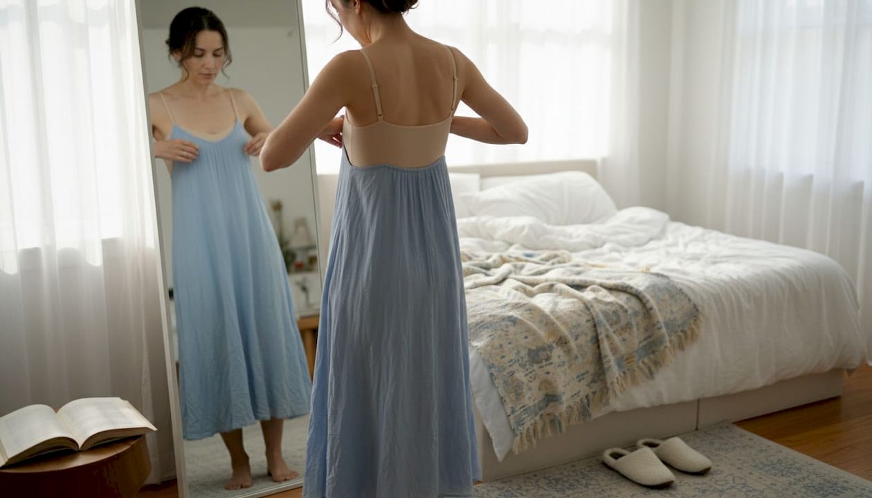 Woman checking shapewear fit in bedroom mirror