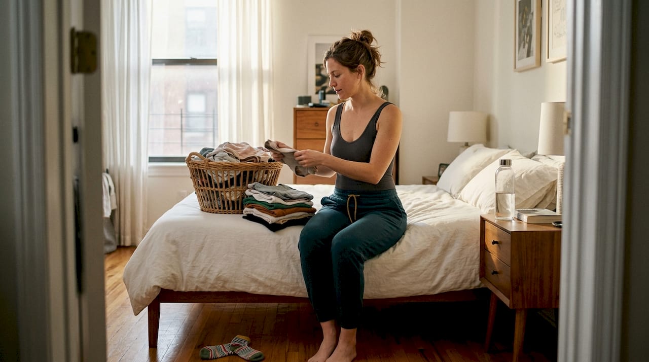 Woman folding bodysuits in bedroom